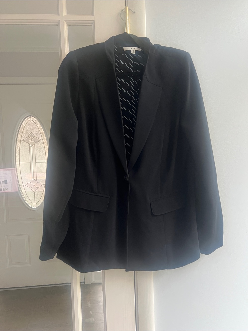 CAbi Black Single-Button Blazer with Subtle Patterned Lining